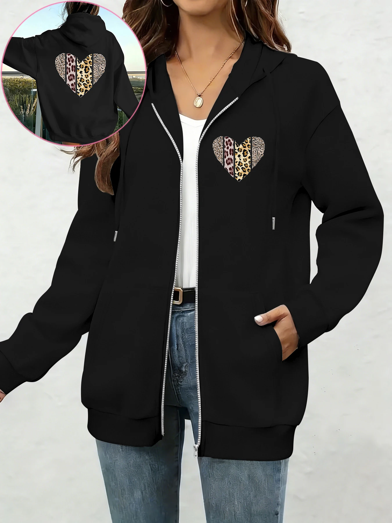 Vintage Hot Girl Jacket, Patchwork Leopard Heart Print Zip-Up Sweatshirt, Loose Drop-Shoulder Hooded Cardigan, Versatile Everyday Jacket for Vintage Hot Girls, Early Autumn Commuting Outfit, Women's Clothing