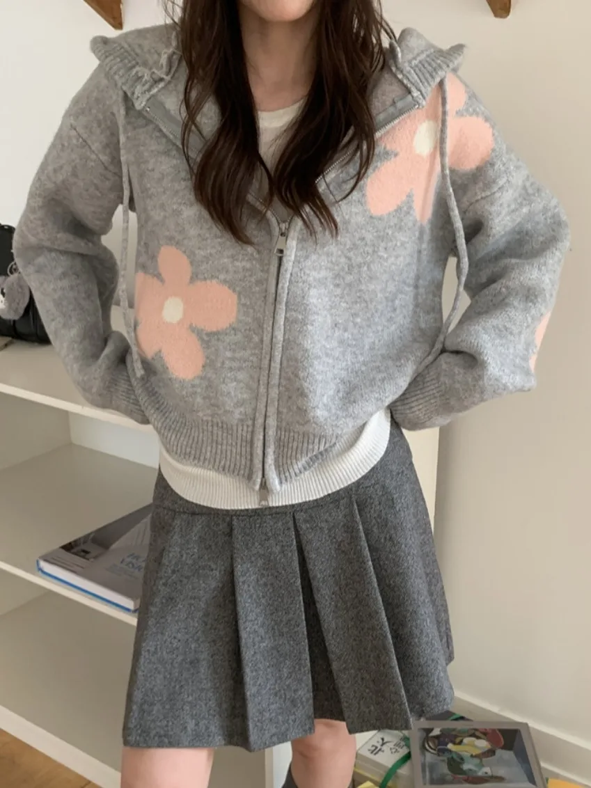 

Антивозрастной цветной вязаный кардиган, женский свободный крой, толстовка с капюшоном на шнурке, осеннее новое поступление, свитер для молодежи