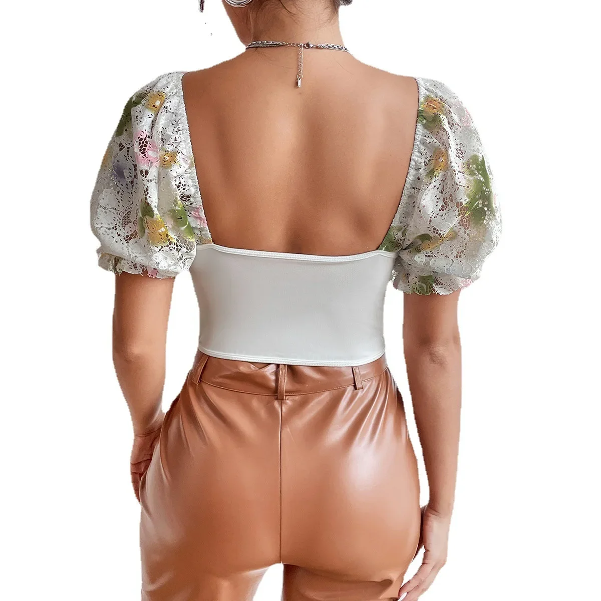 Sexy Street Backless Spicy Girl Bubble Sleeves T-shirt Steel Ring Fishbone European and American Tunic Top for Women CYDZ10438