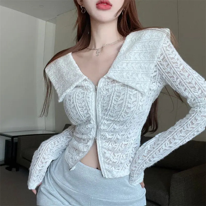 Kimotimo Solid V-Neck Off-Shoulder Zipper Lace Cardigan Women Autumn Long Sleeve Unique Design Slim Fit Sweet Cool Hot Girl Top