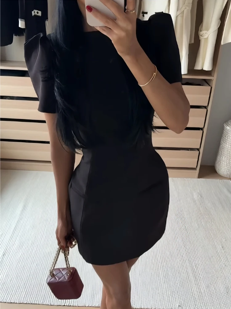 Tsiisd エレガンス ソリッド ミニドレス 女性用 テーパードウエスト 半袖 通勤 パッチワーク 夏 2026 女性用 パーティー イブニングドレス