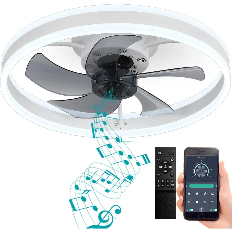 

DewShrimp Flush Mount Ceiling Fan with Lights Bladeless Ceiling Fan with Bluetooth Speaker App and Remote Control Low Profile