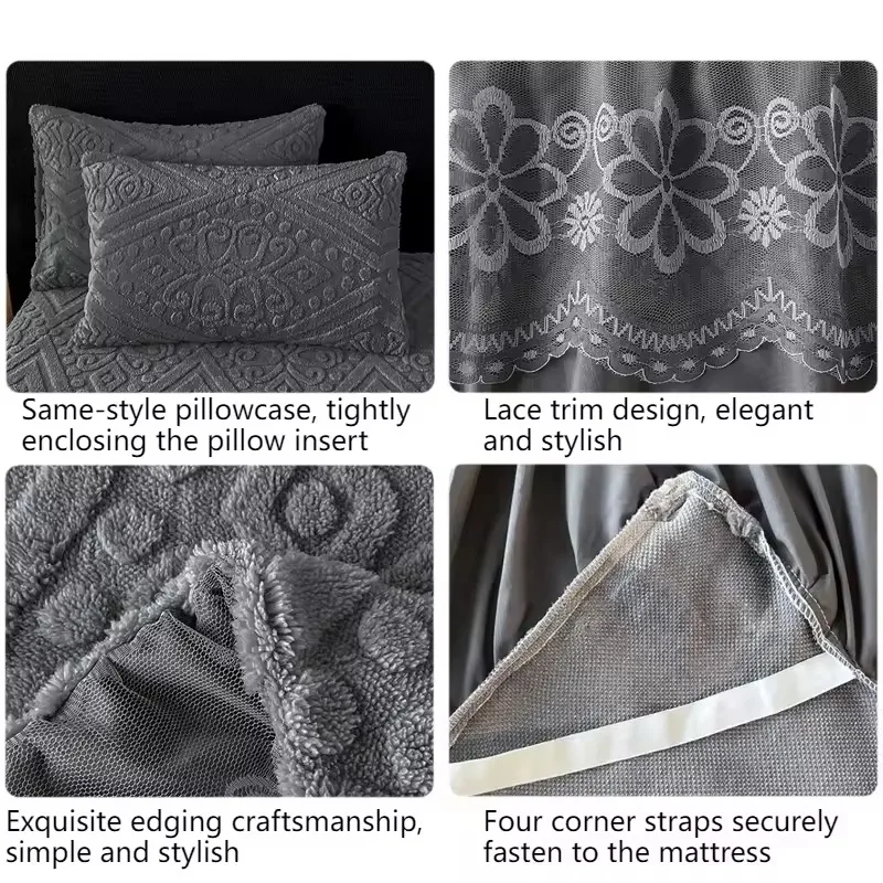 Luxury Lace Bed Skirt Set with 2pcs Pillowcases Warm Velvet Bedspread with Bed Mattress Protector, Cozy Bedroom Decor 침대커버 레이스