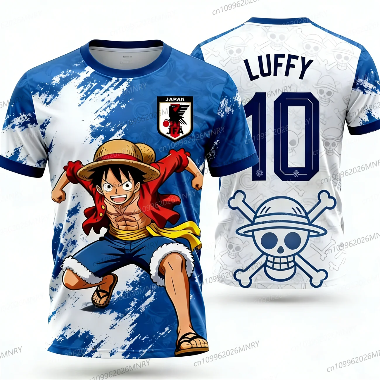One Piece Luffy # 10 x Fußballtrikot der japanischen Nationalmannschaft, T-Shirt für Herren und Damen, schnell trocknend, atmungsaktiv, Anime-Fußballfan-Streetwear-T-Shirt