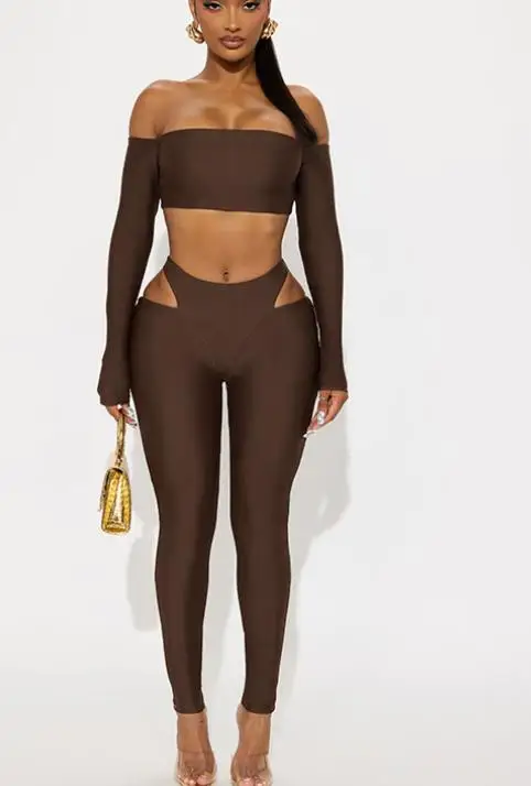 여성용 2025년 가을 신상 싱글 넥 오프숄더 숏탑, 하이웨이스트 홀로우 팬츠 세트, 여성 의류