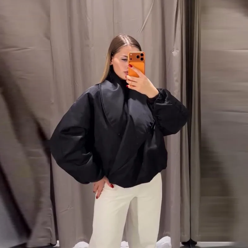 Modische Y2K Satin-Bomberjacke für Damen, Mauve, Puffärmel, Kurz geschnitten, Reißverschluss, Freizeitjacke, Frühjahr 2026, schicke Streetwear, Neu – Detail 8