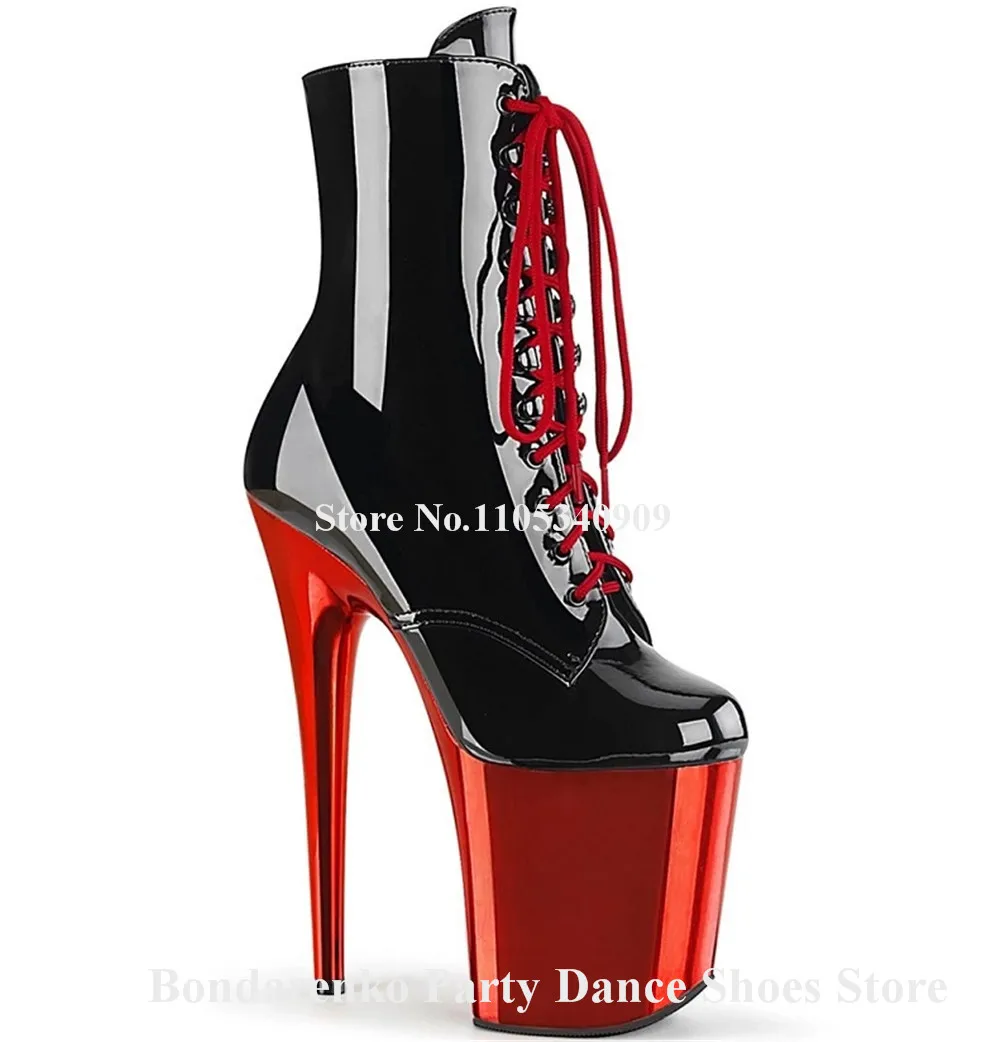 Sexy Black Patent Leather Patchwork Red Pink Platform Thin Heel Short Boots Round Toe Lace-up Stiletto Heel Dance Shoes