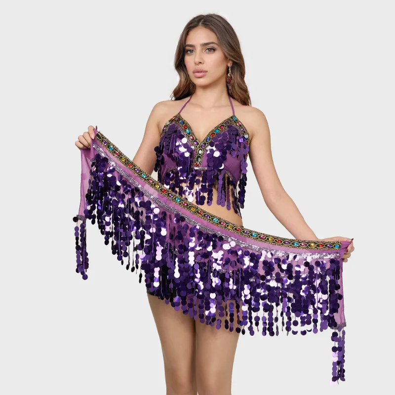 Colorful Sequin Chest Wrapped Tassel Waist Chain Belly Dance Belt Belly Dance Set Stage Performance Sequin Tassel Women's Set