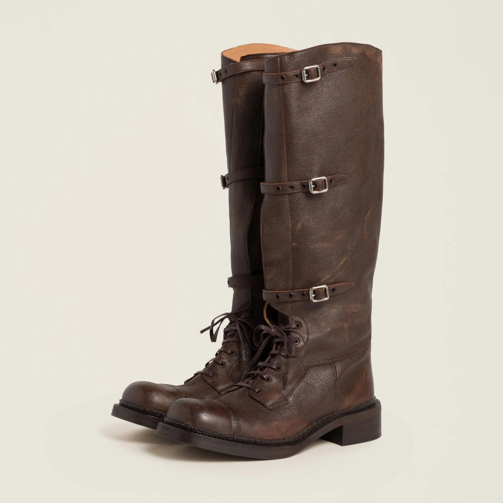 Arden Furtado Autumn platform Lace Up Knight boots Round toe Pull-on Chunky Heels Belt buckle Knee high boots Motercycle Boots