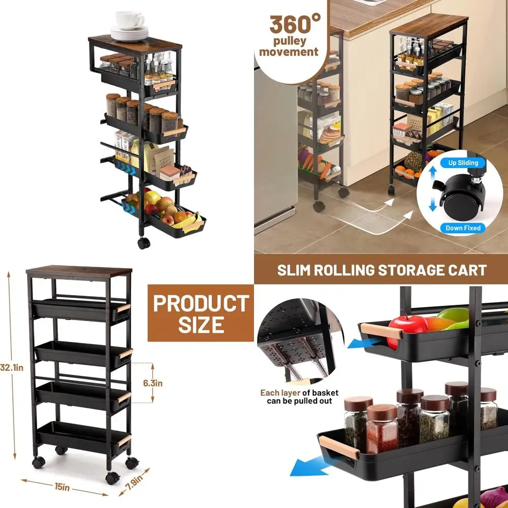 

5-Tier Rolling Storage Cart for Kitchen & Laundry, Metal Utility Organizer with Drawer, Compact Design for Small Spaces (Black)