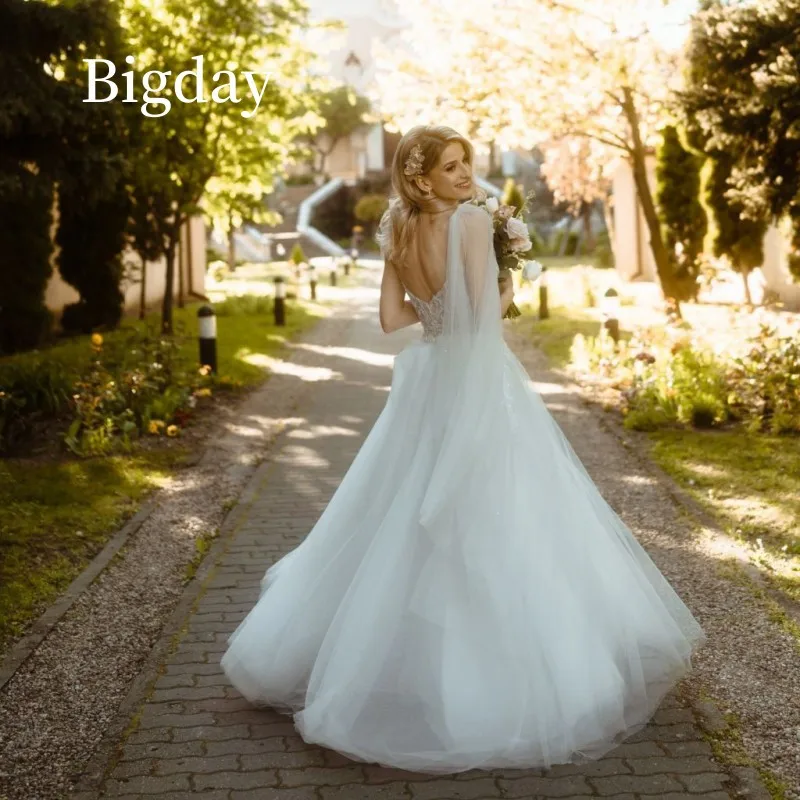 Vestidos De Novia elegantes De línea a para mujer, vestido De Novia De encaje con espalda abierta, tul con tirantes finos, tren De barrido