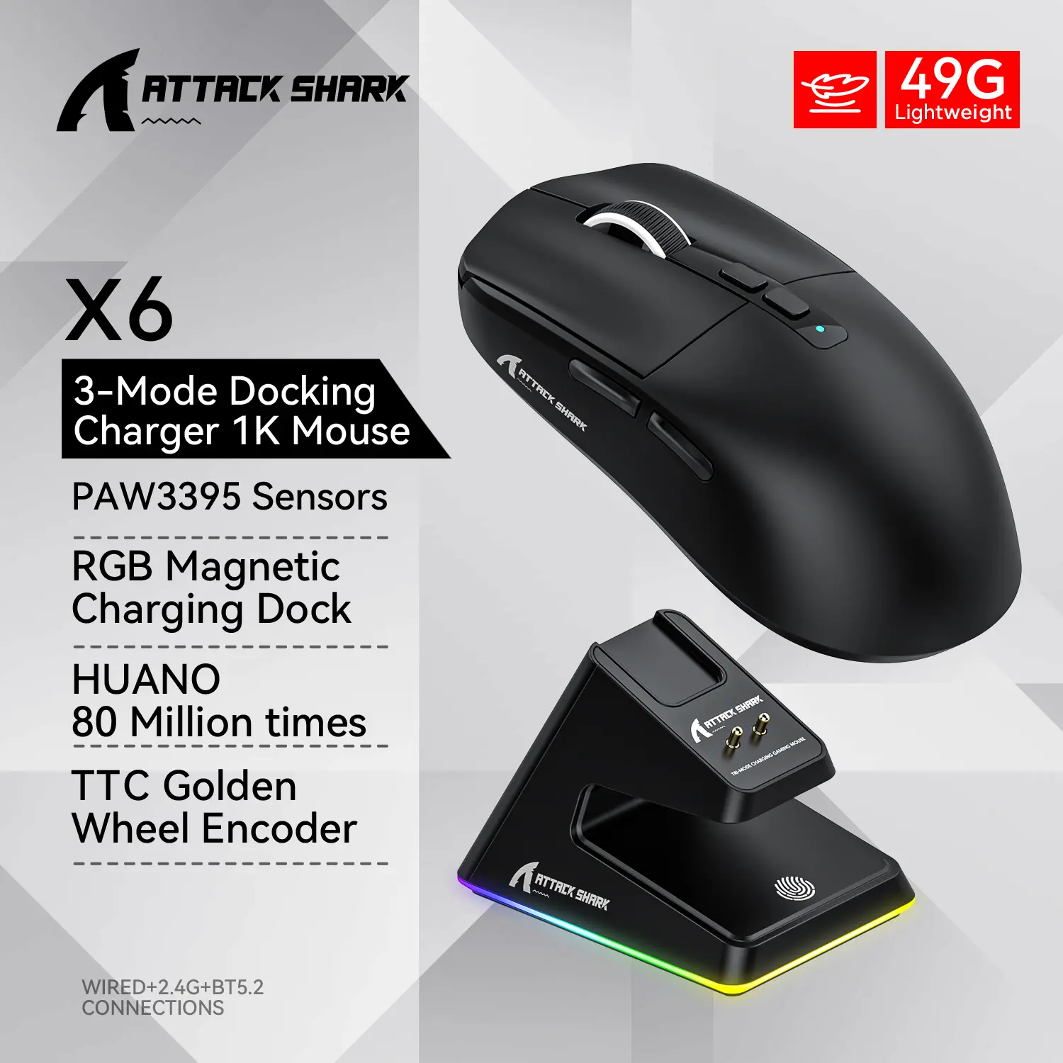 Attack shark x6 paw3395 mouse gaming, mouse bluetooth, conexão de três modos, rgb, base de carregamento magnético, macro