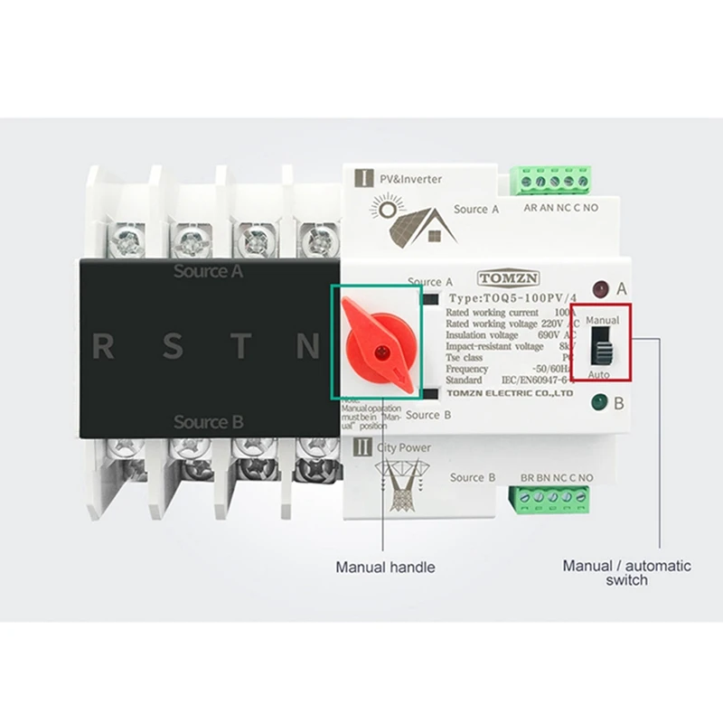 2X Din Rail 4P ATS Dual Power Automatic Transfer Switch Electrical Selector Switches Uninterrupted Power 100A