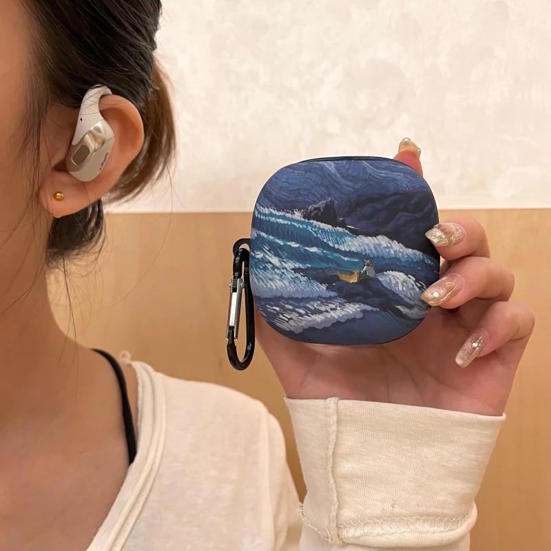 For Shokz OpenFit 2+T921 Case Starry Sky Sea Wave For Shokz OpenFit 2 +(T921) Silicone Soft Case Protective Cover with Hooks