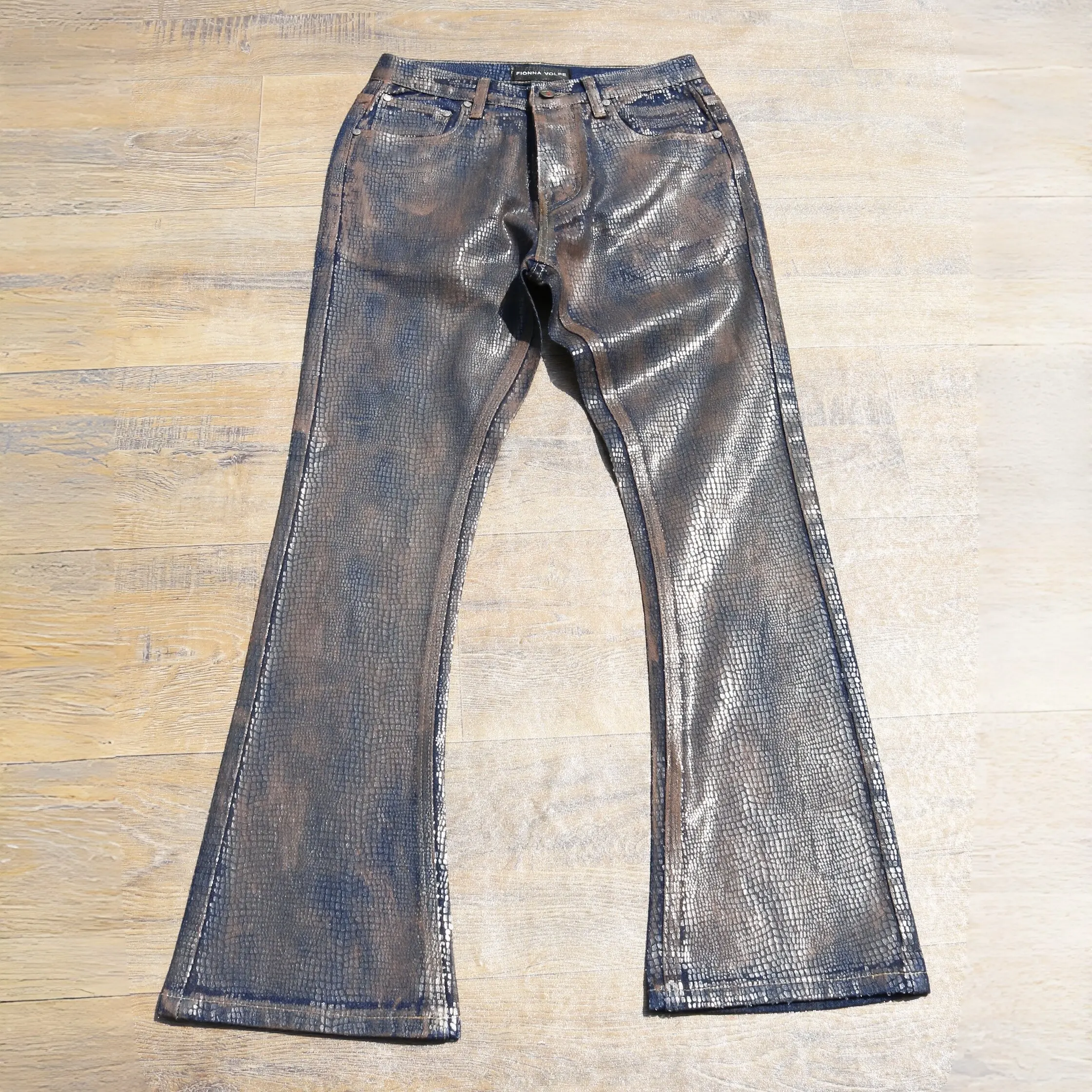 Mens Rust Speckled Snake Scale Jeans Waxed Coated Denim Fit Flare Pants for Distressed Avant Garde Streetwear Looks