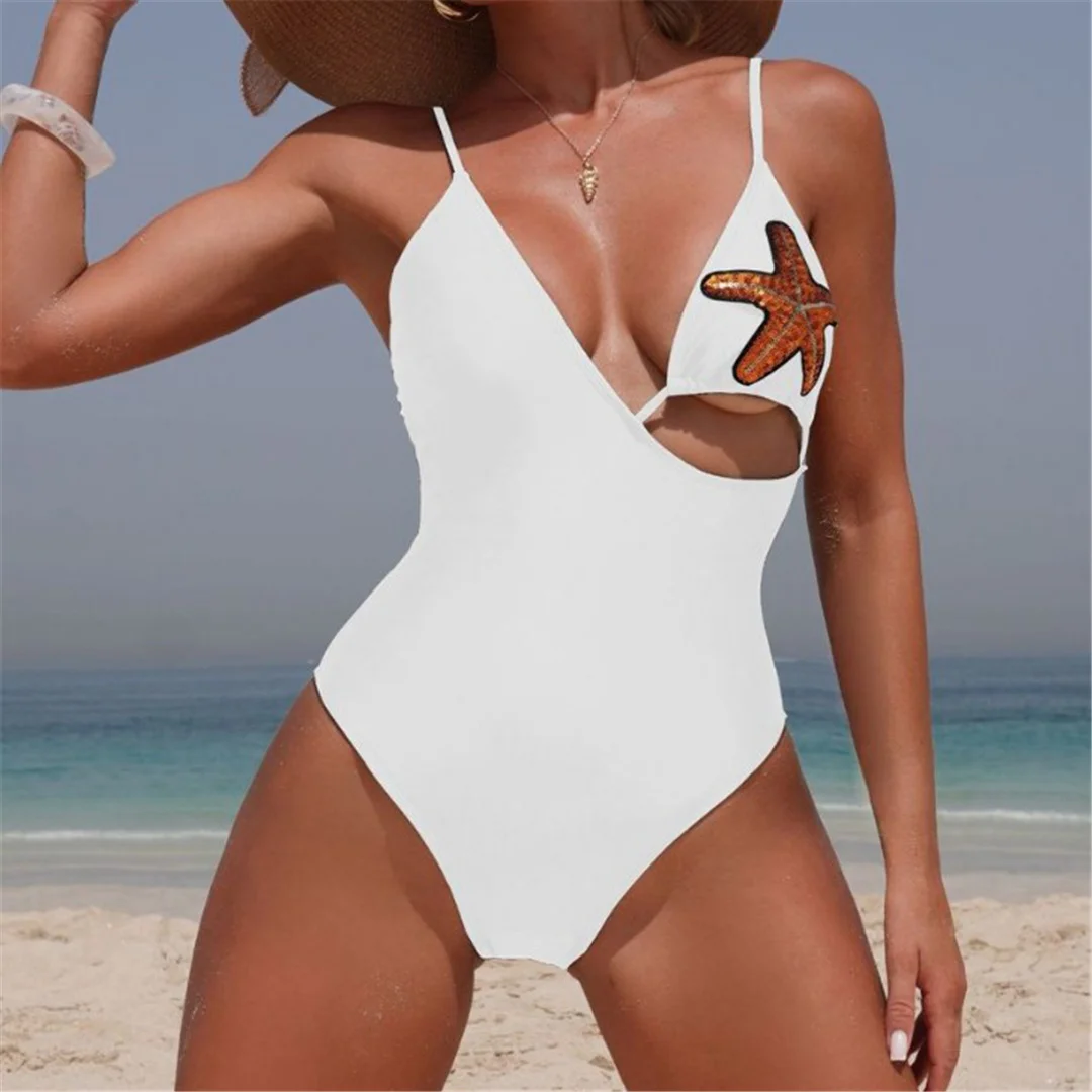 Sexy asymmetrischer, glänzender Badeanzug mit Sternen-Pailletten, einteiliger Badeanzug für Damen, Monokini mit hohem Beinausschnitt, Badebekleidung, Badeanzug, Modell V7158. – Detail 7