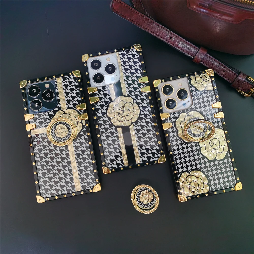 

Luxury Glitter Gold Rose Flower Cover Houndstooth Women Retro Phone Case For iphone 17 PRO MAX 17 Air 15 16 PRO 11 12 13 14 PLUS