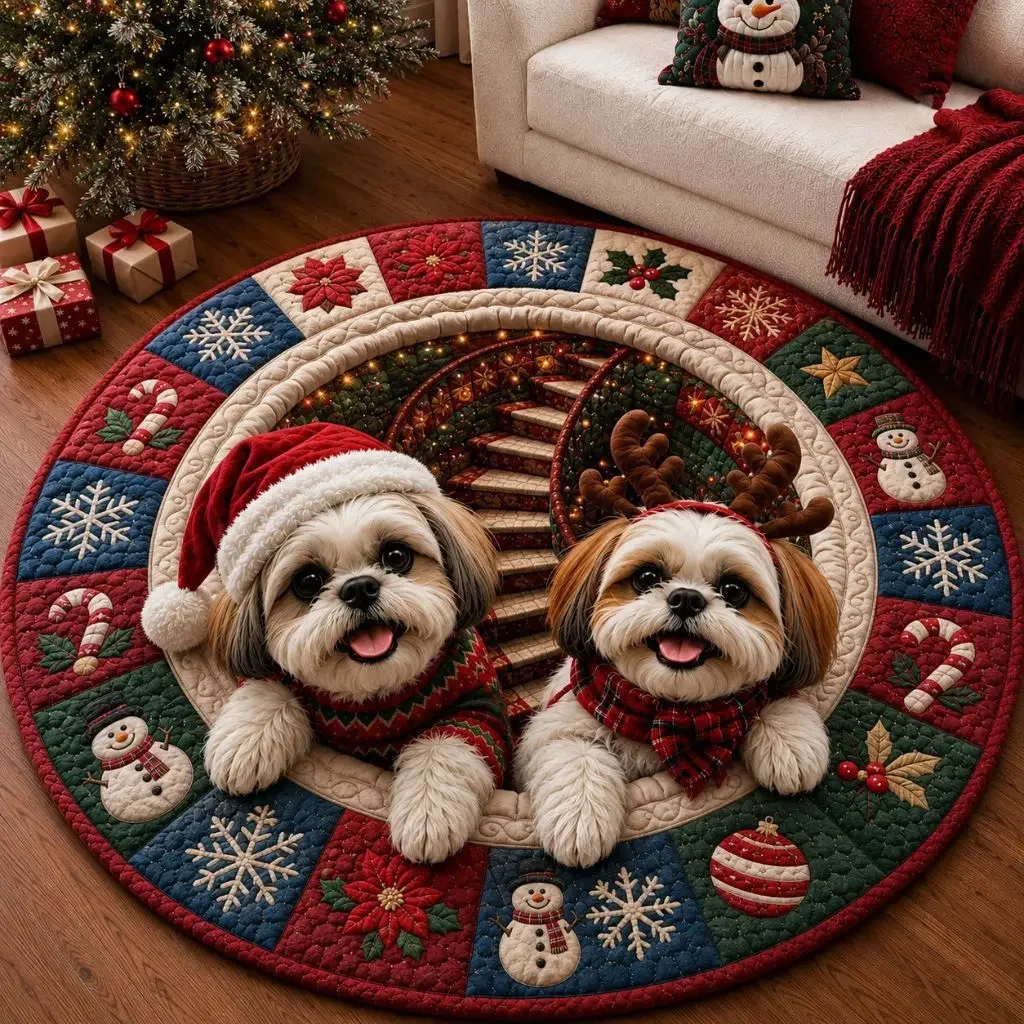 Round Area Rug Flannel Christmas Cute Dogs 3D Illusion Vortex Floor Mat for Living Room Bedroom Holiday New Year Circle Carpet