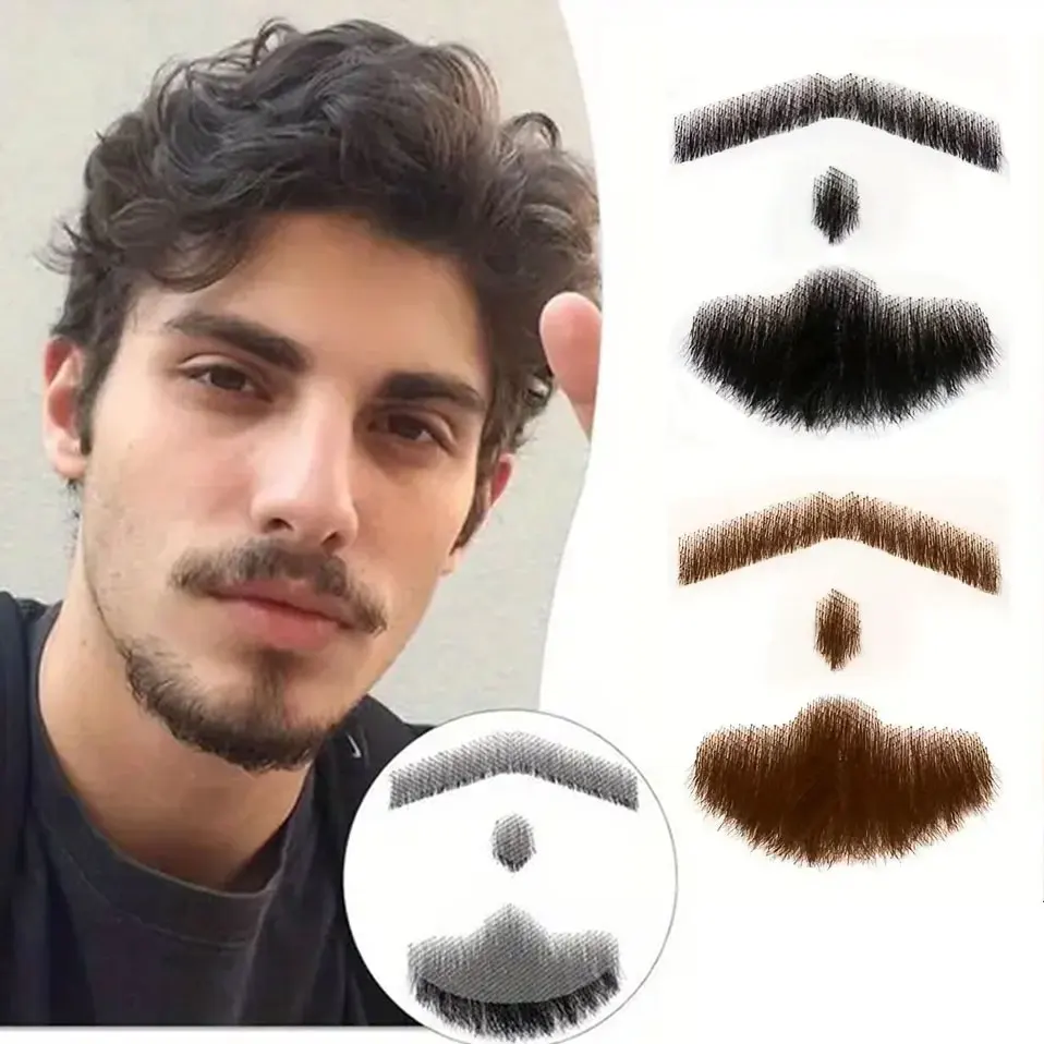 

S-noilite Men'S Human Hair Straight Beard & Mustache - Full Hand-Tied Invisible Lace Beard Natural Black Brown Hairpieces