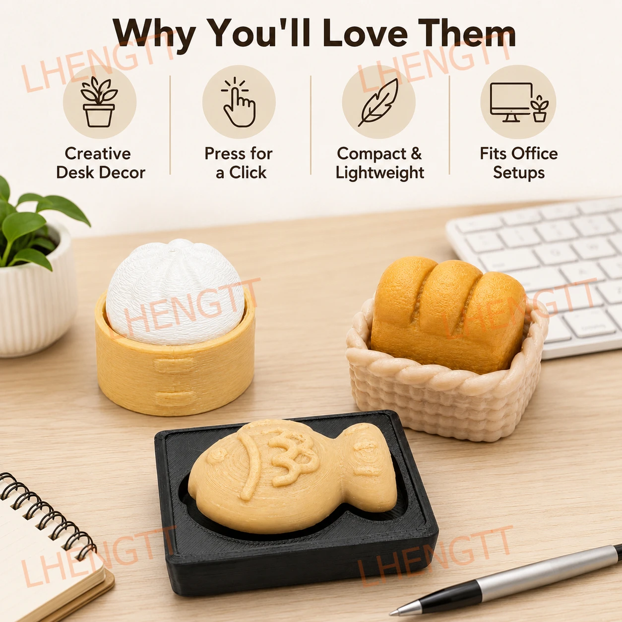 3PCS Food Theme Desk Clickers, Bun Bread & Fish-Shaped Desktop Button Clicker Set with Mechanical Switch for Office Desk Decor