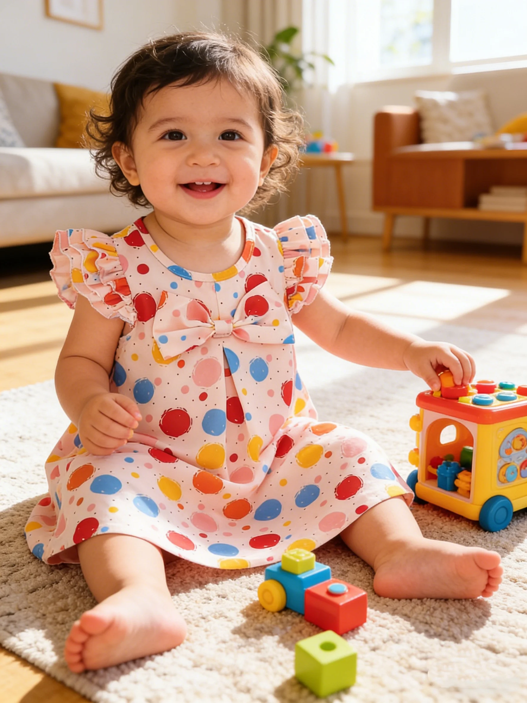 Summer New Baby Girl Polka Dot Puffy Sleeve Dress Sweet Bow round Neck Clothing Infant Toddler Kids Fashion Outfit