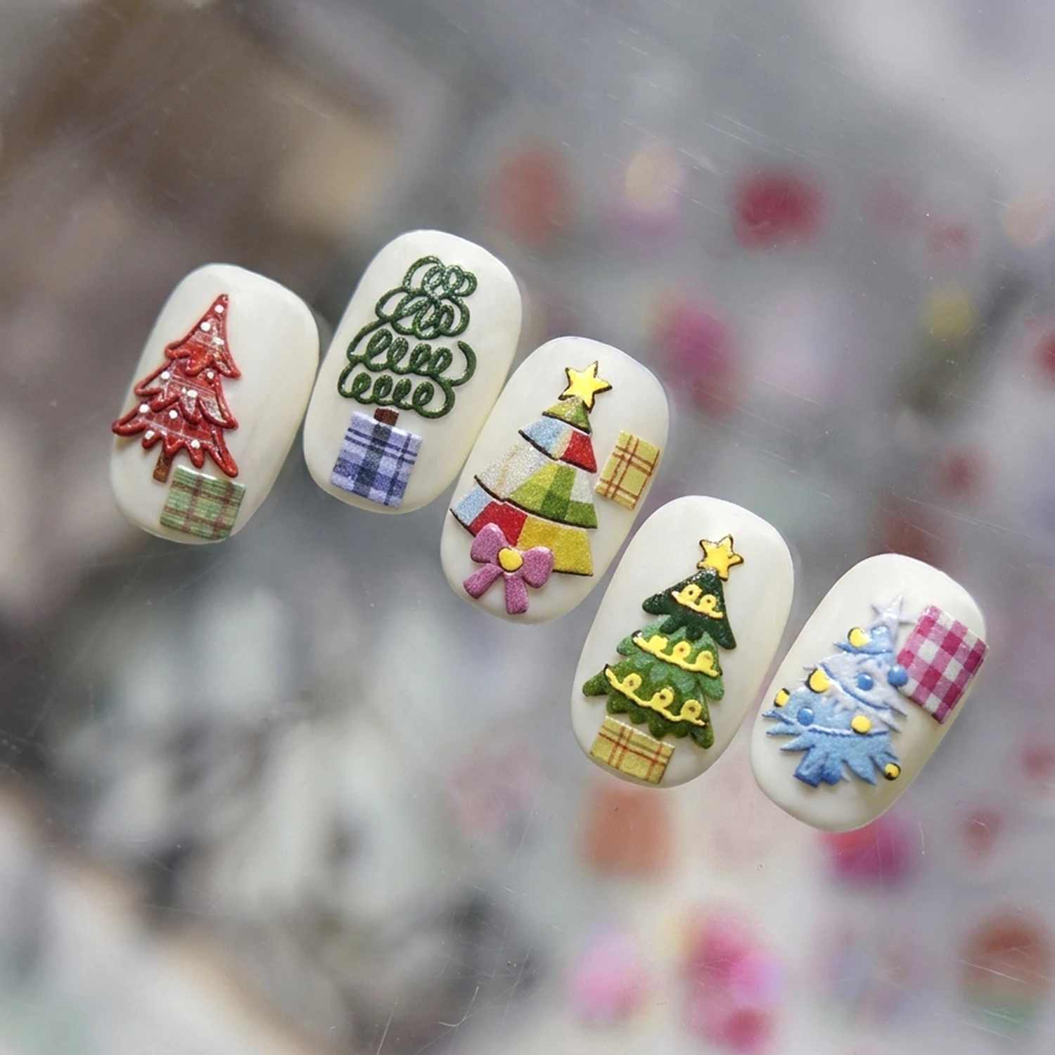 2Pcs Colorful Frosted Checkered Christmas Tree Nail Stickers Kawaii Gold Sliver Star Rhinestone Bow Cartoon Nail Decals DIY Deco