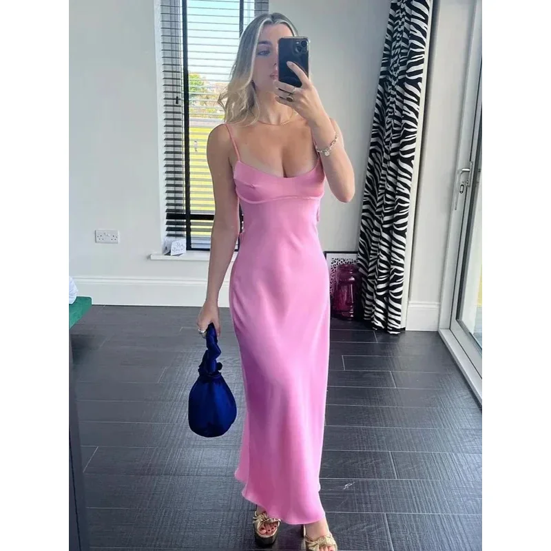 2022 Pink Camis Satin Long Dresses Elegant Sleeveless Slip Holiday Party Dresses Sexy Casual Backless Summer Dresses Women 202 V