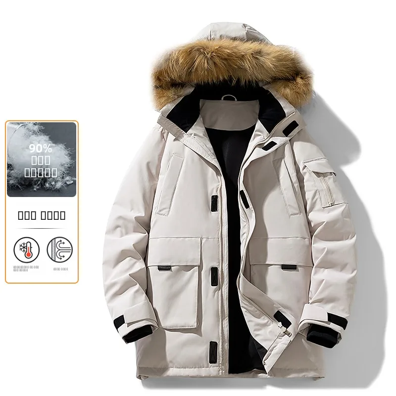 

Winter Men's down Jaet Pure Color Korean Sle Faionable Mid-Length Large ket Workwear Cold Resistance Youth Winter Ou...