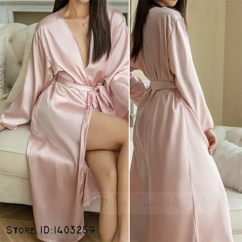 Ice Silk Pink Bride Wedding Robe Nightgown Women\'s Long Kimono Bathrobe Gown Yukata Spring Summer Loose Home Dress Lounge Wear