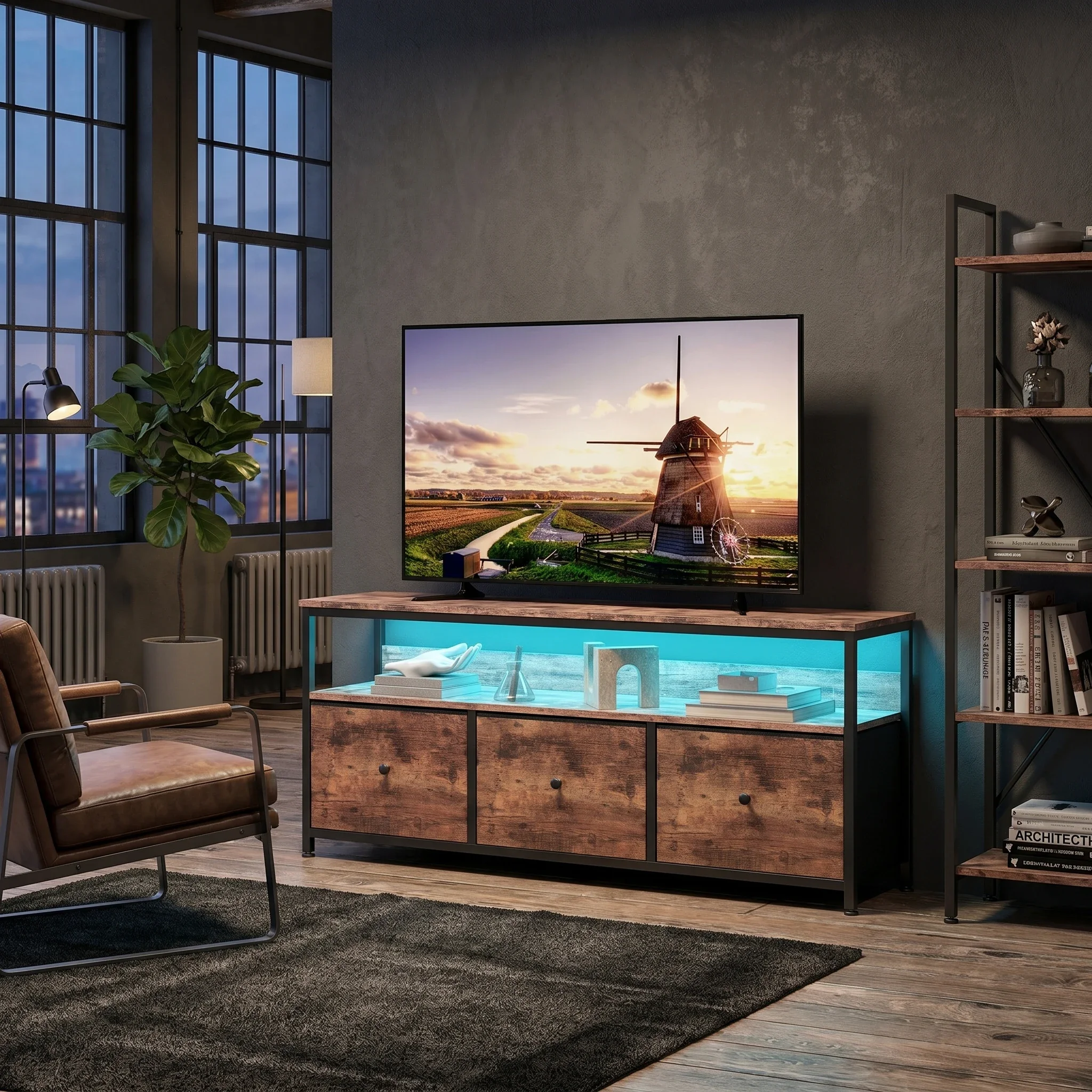 Superaly TV-Möbel, 137 cm, rustikaler brauner Schrank mit 3 Schubladen aus Stoff und offenem Regal, industrielles Medienmöbel für Wohnzimmer, Schlafzimmer oder Flur.