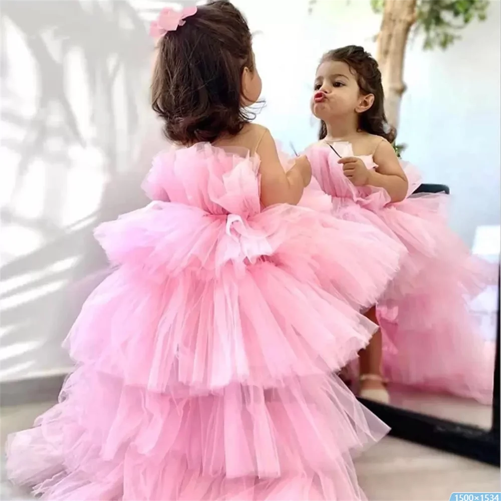 Pink Tiered Flower Girls Dresses for Women Tutu Knee First Communion 2025 Court Train Birthday Gifts For Children