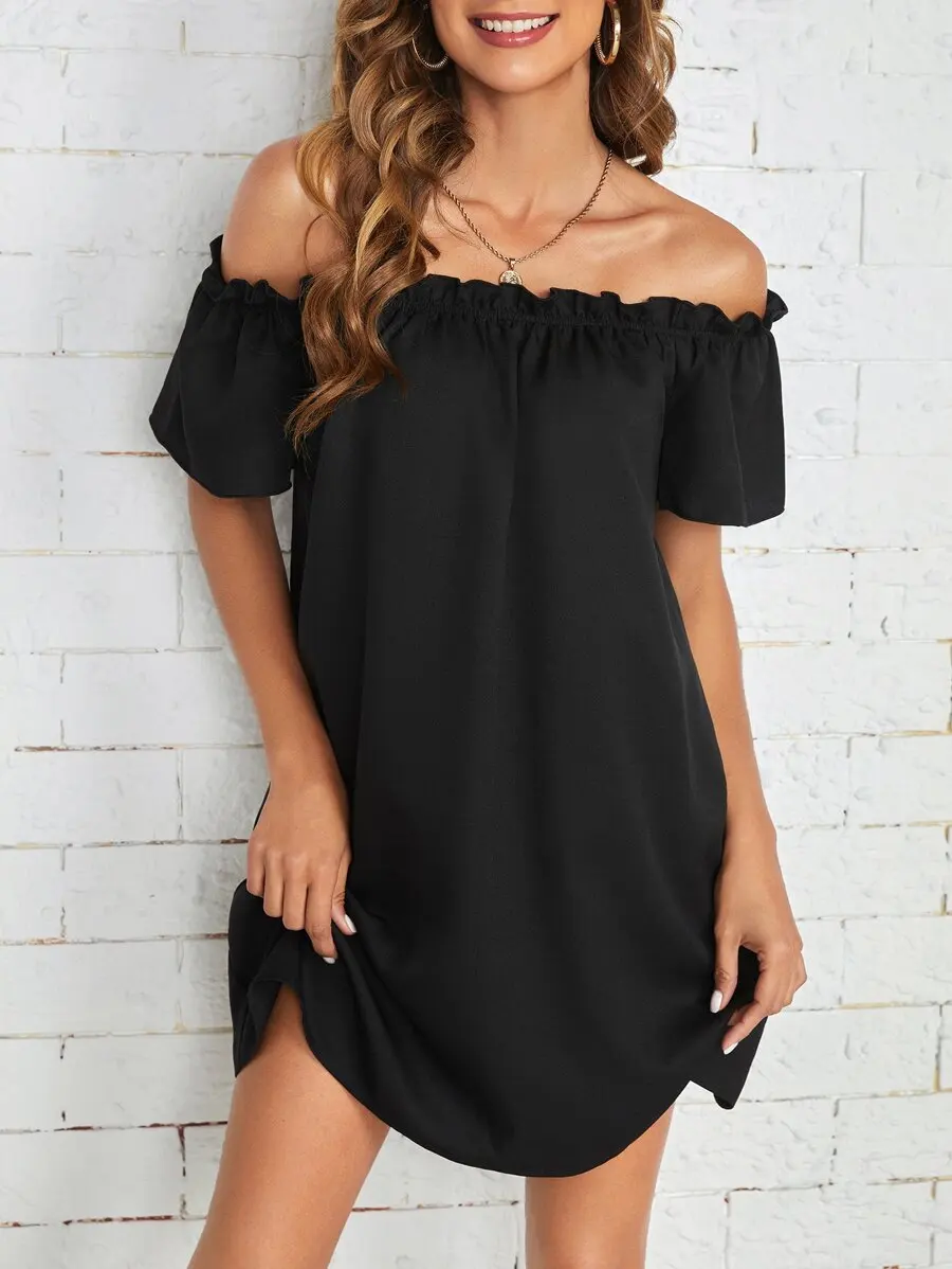 

Black Off Shoulder Ruffle Trim Mini Dress with Loose Fit