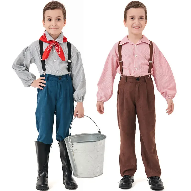 

Umorden Colonial Village Farm Prairie Pioneer Boy Costume for Boys Child Tween Teens Striped Top Suspenders Set 2 Color