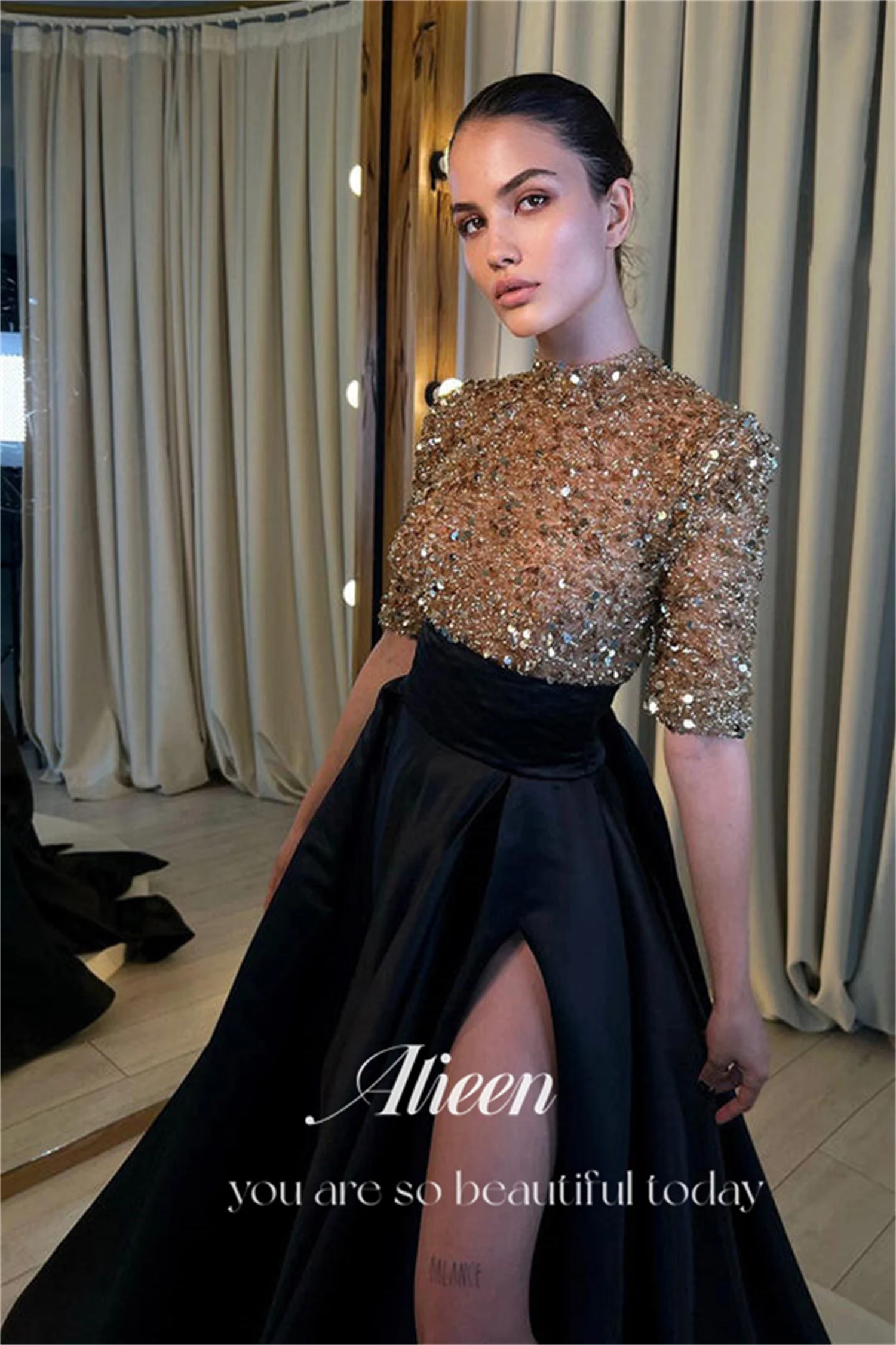 Ailebodien-Robe de Soirée Luxueuse pour Femme, Tenue de Gala Élégante, Perles Brillantes, Noir et Or, 2024