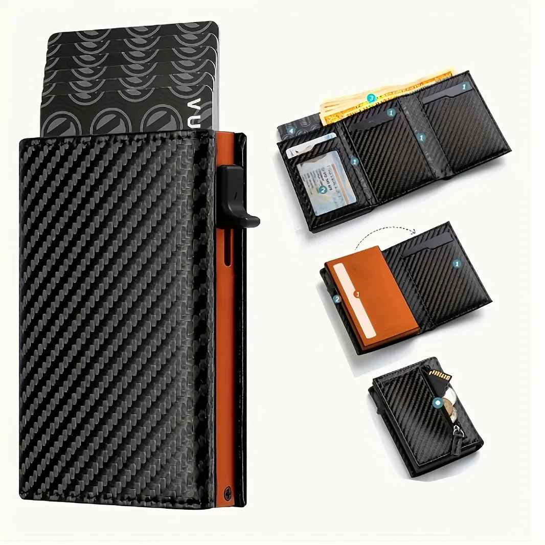 Men RFID Pop Up Credit Card Holder, Carbon Fiber Pattern Polyester Slim Wallet Aluminum Automatic Card Case Front Pocket Purse