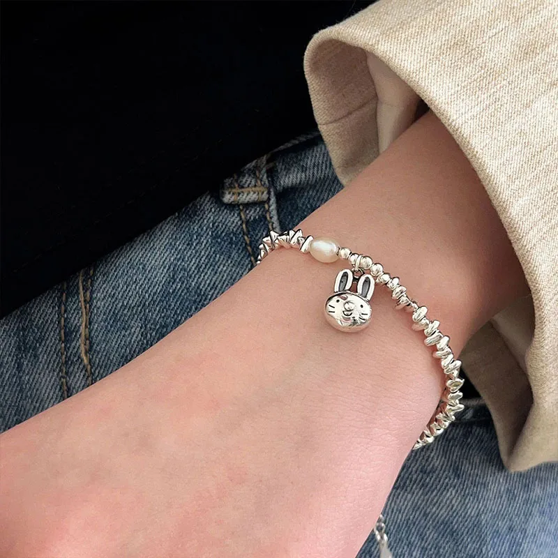 Small Silver Bunny Pendant Pearl Bracelet Women's 925 Sterling Silver Light Luxury Small New Accessories High End Jewelry