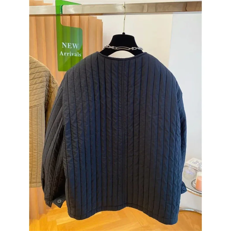 

2025 Korean Women's Round Neck Quilted Cotton Jacket Lightweight Loose Casual Coat with Irregular Placket & Cotton Clip Female