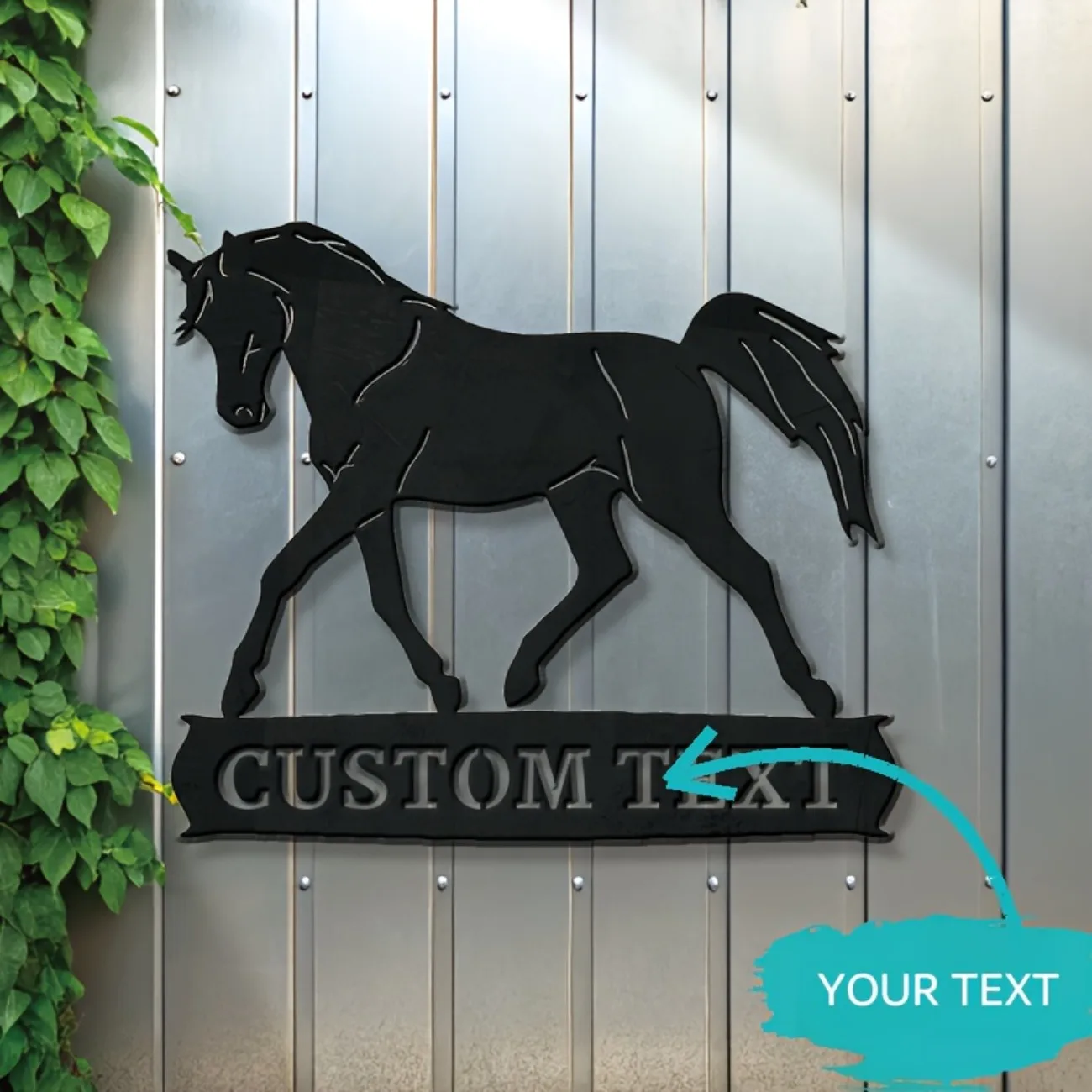 Individuell personalisiertes Metallschild mit Pferdemilhouette – exquisit gestaltet mit individuellem Text, rustikale Bauernhaus-Wandkunst.