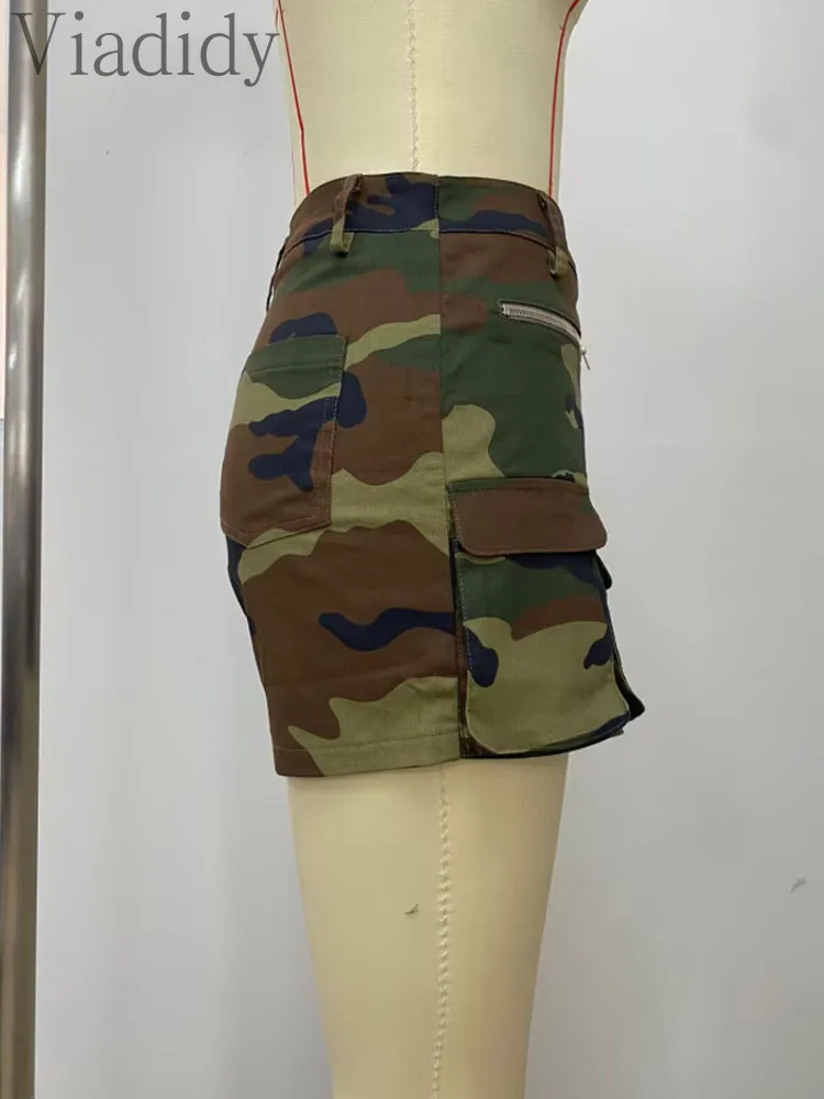 Short décontracté avec fermeture éclair pour femme, taille haute, poche camouflage