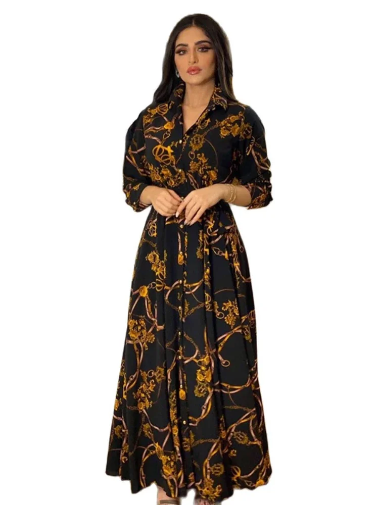 Muslim Abaya Dress Women Ramadan Print Shirt Dresses Autumn  Turkey Islamic Vestidos Elegant India Moroccan Kaftan Arab