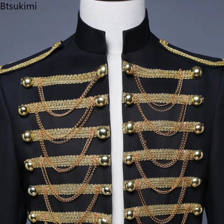 Fashion Men's Dress Suit Bar Nightclub DJ Steampunk Jackets Metal Chain Stand Collar Slim Coats Singer Stage Performance Clothes