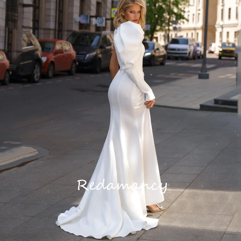 Redamancy Simple Beading High Neck Satin Mermaid Wedding Dresses Front Split Long Sleeve vestidos de novia Bridal Gown 웨딩드레스