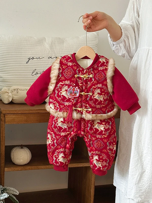 

Новогодняя одежда для маленьких девочек, зимний костюм-двойка, широкие брюки с высокой талией, свободные брюки из полиэфирного волокна, традиционный китайский ...