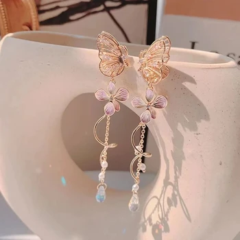 Boucles d'oreilles papillon coréennes élégantes pour femmes, cristal exquis, Zircon, Long pampille, fleur, goutte d'eau, bijoux de tempérament pour filles
