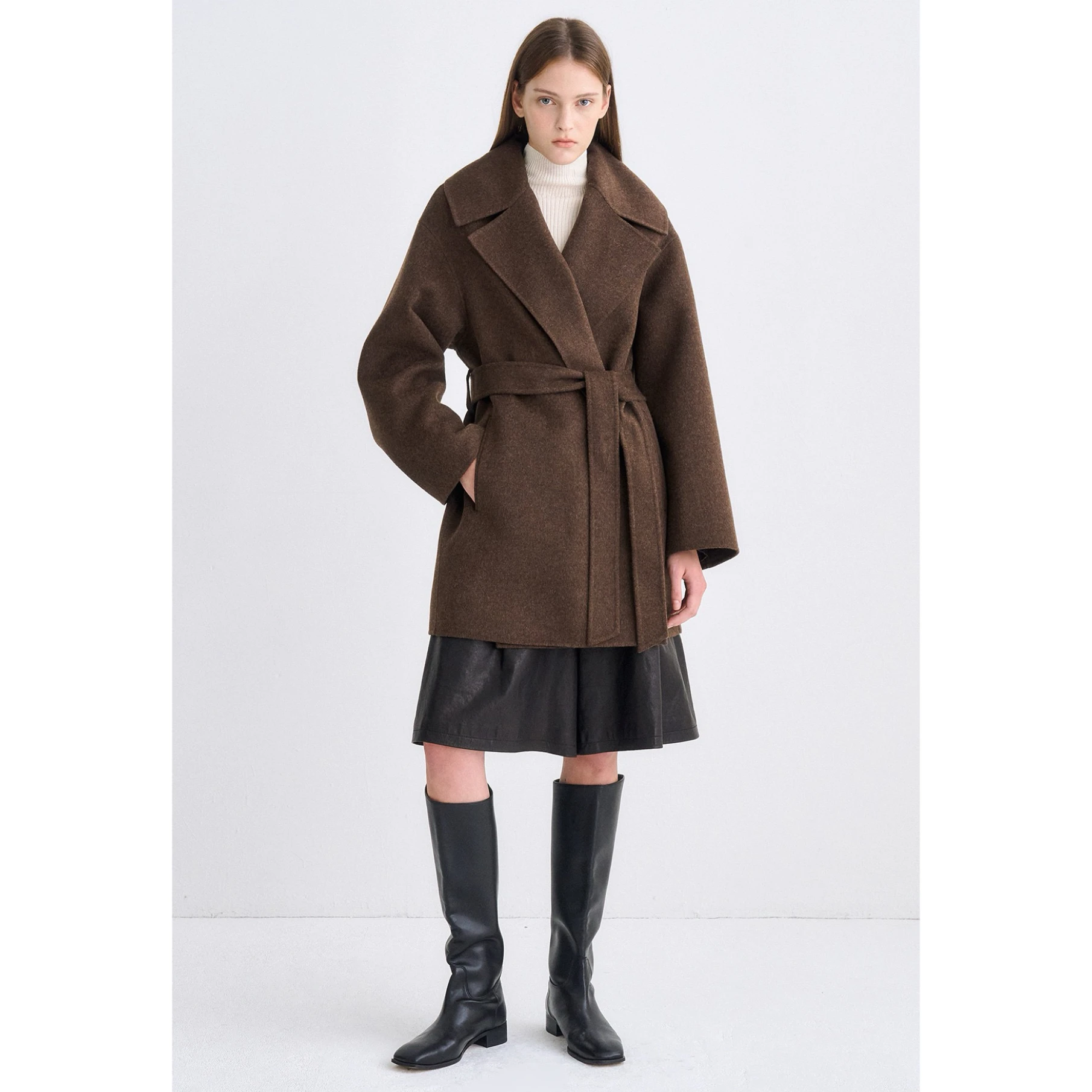 

TIM25 Autumn Lemon Cheese Faionable Woolen Coat with Stand Collar Belted Versatile Slimming Mid-Length Ladies' Jaet