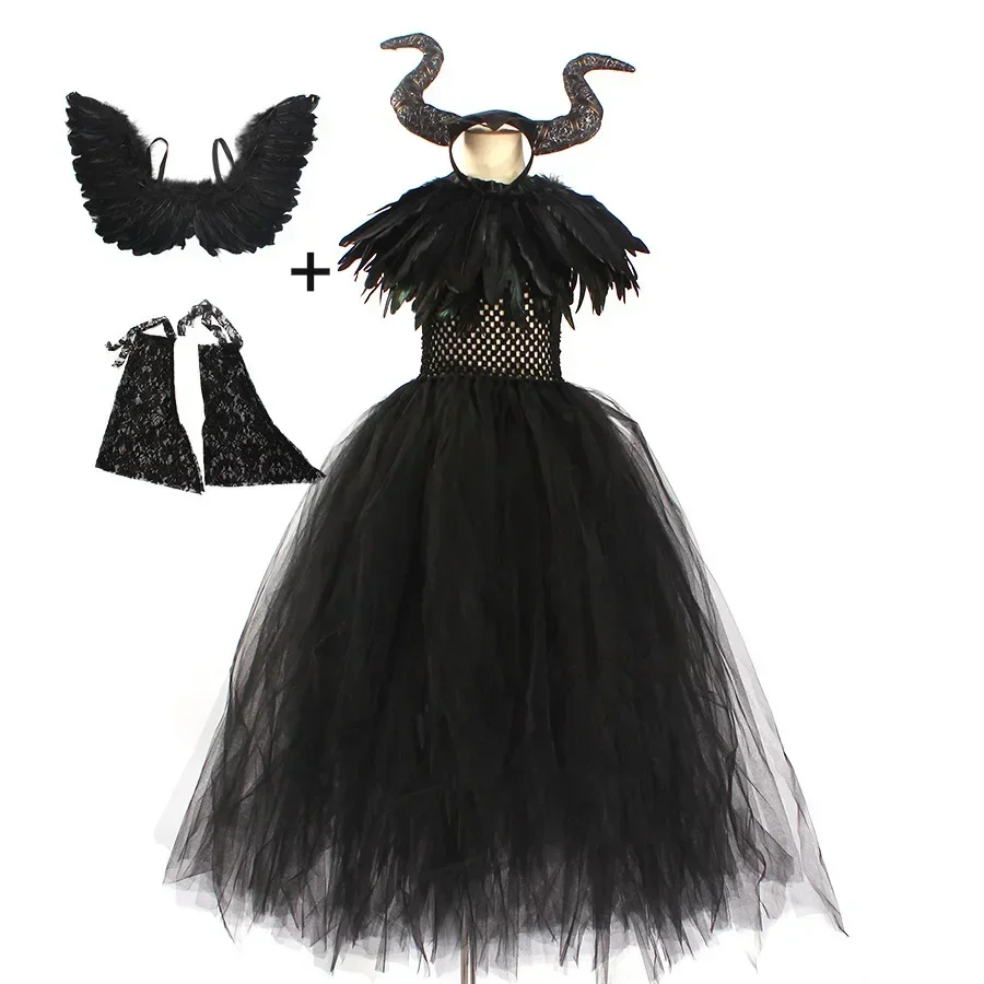 Halloween Mädchen Dunkles Cosplay Tutu-Kleid Kinder Teufel-Kostüm mit Flügeln, Horn-Stirnband und Zepter für Karneval und Kostümparty – Detail 10