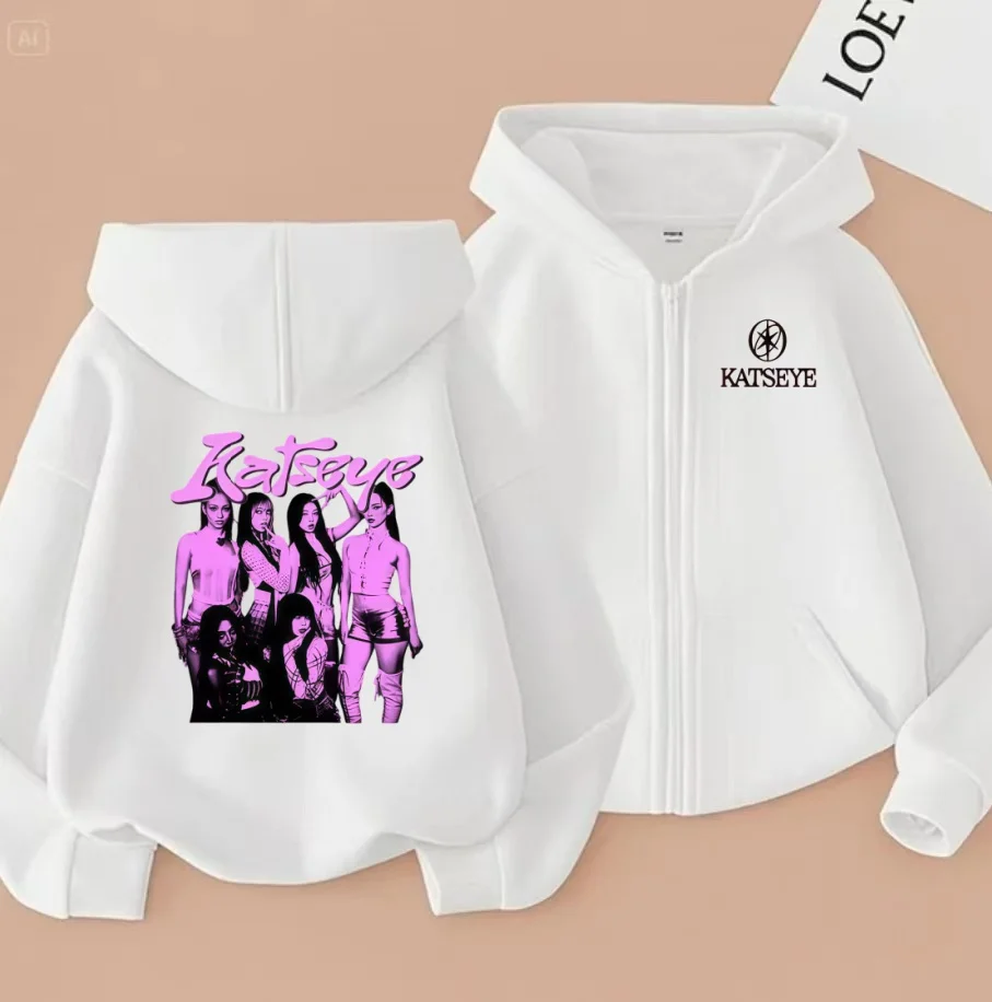 2026 Katseye Graphic Print Zip-Up Hoodie – Girls' Warm Fall/Winter Apparel (2026) – Stylish Casual Children's Zip-Up Sweatshirt