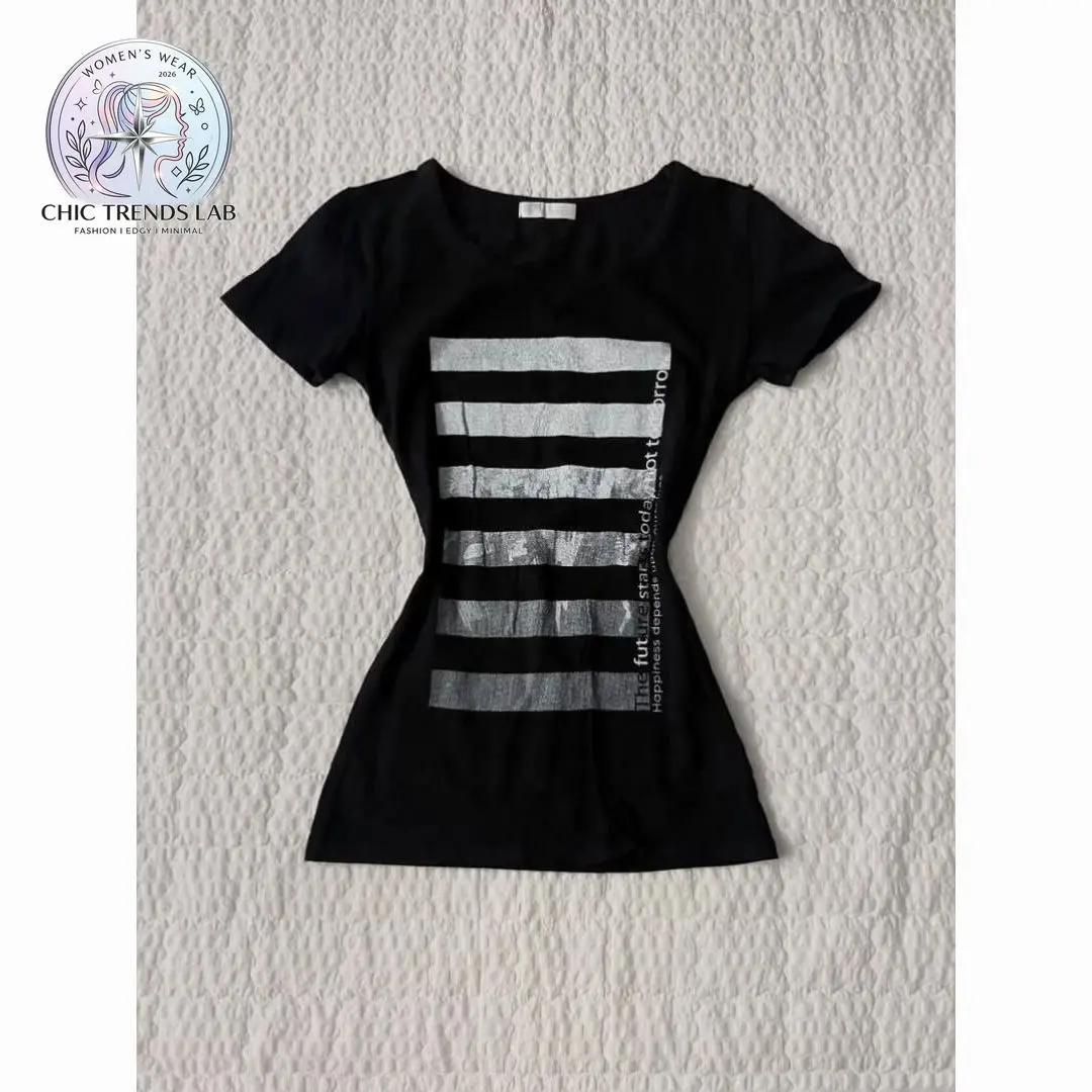 Cyber Y2K Grunge Graphic T Shirt Women Stripe Letter Print Scoop Neck Baby Tee Mall Goth Alternative Slim Fit Casual Top Vintage