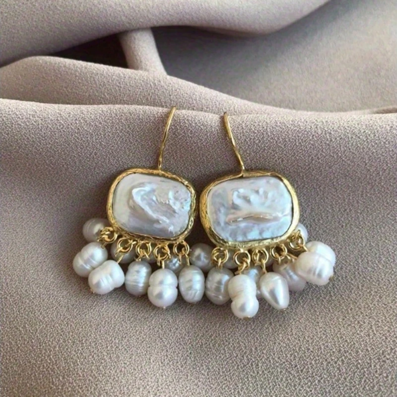 Square Baroque Faux Pearl Vintage Bohemian Earrings With Pearl Tassel For Women Daily Wear, Dating, Party, Beach, Jewelry Gifts