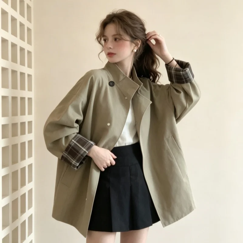 Women Old Money Style Khaki Trench Coat 2026 Fall Stand Collar Loose Mid Length Jacket